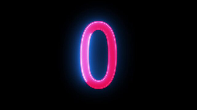 Animation of number 0 with red blue neon colors on the outline and isolated on black background. Number zero
