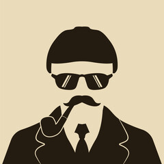 Stylized vector illustration of a modern detective character in silhouette style, featuring a hat, sunglasses, mustache, and pipe.