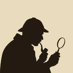 Silhouette of a classic detective character wearing a vintage hat and holding a magnifying glass and pipe