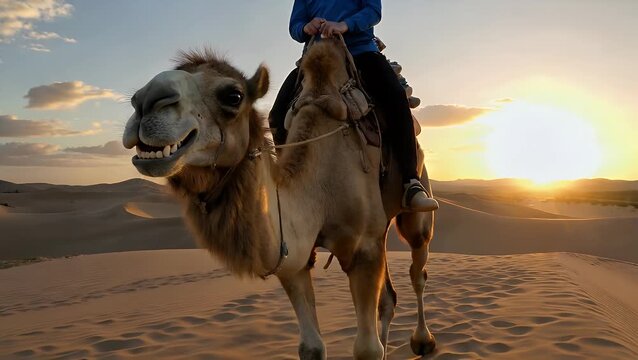 journey on a camel through a desert landscape during the sunset hour featuring a close-up view of the camel's head with a pleasant