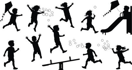 Children playing outdoors silhouette vector, kids flying kite, blowing bubbles, running, sliding, jumping, seesaw activity, childhood fun, outdoor recreation, black illustration
