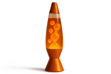 Lava lamp with orange wax blobs flowing in liquid, creating a retro psychedelic light effect on transparent background