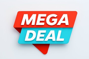 Brightly colored red and blue speech bubble shape with the words mega deal in white text