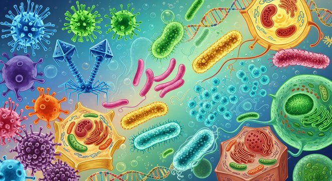 Vibrant microscopic world reveals diverse bacteria, viruses, and cell structures in stunning detail