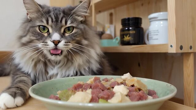 large grey longhaired cat in a reclining position is eating from a generously filled bowl of