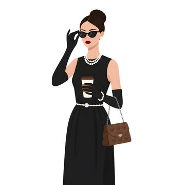 Elegant woman in a black dress with sunglasses and pearls holding coffee, classic fashion vector style, isolated on transparent background