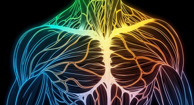 Vibrant neon nervous system glowing with rainbow colors against a dark backdrop