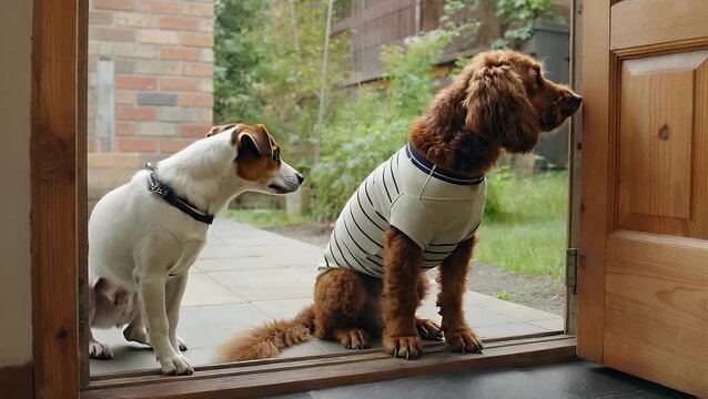 small dog of a specific terrier breed is positioned beside a packaged shipment that has been left outside an entrance