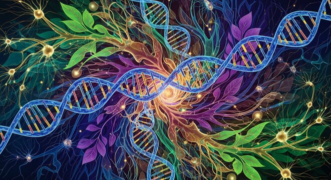 Vibrant DNA strands intertwine with organic neural networks and botanical elements