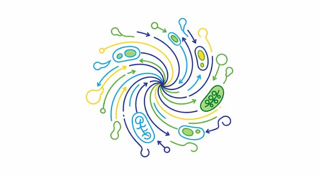 Dynamic flow of colorful abstract shapes and biological cells in a science concept