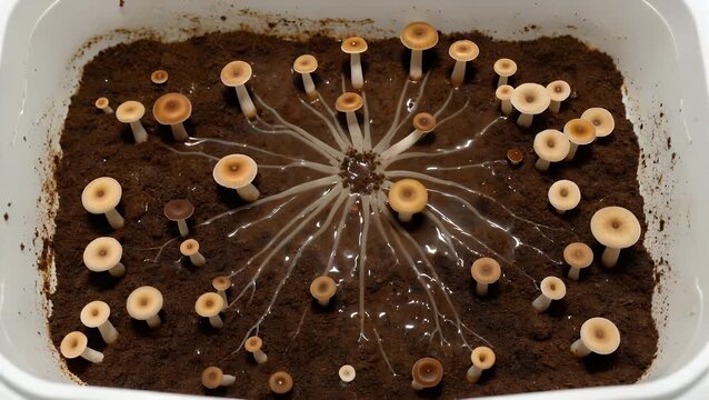 vegetative part of a edible fungus species growing on used coffee residue  cultivating Pleurotus ostreatus fungi in a domestic