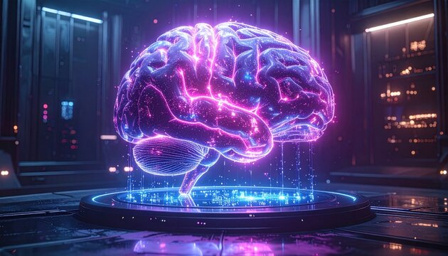 Futuristic Brain Hologram Display with Neon Lights in a High-Tech Environment - Powered by Adobe