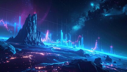 Futuristic financial landscape with neon charts and mountain peaks a visionary investment in