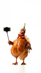 A turkey funny day meme character with a party hat challenges every thanksgiving table manner rule by taking a selfie before the feast