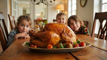 Thanksgiving table manner day meme Kids' funny turkey pose for holiday memories, joyous family feast