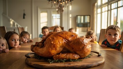 Children's hilarious anticipation as they eagerly peek at a golden roasted turkey, a funny scene capturing pre-Thanksgiving table manner antics and a perfect holiday day meme for family gatherings