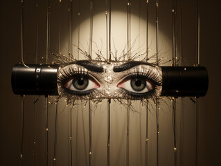 Mysterious, captivating eye art installation with dazzling lights and intricate details, perfect for avant garde design concepts.