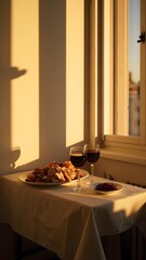 A Warm Thanksgiving Table, A Moment of Reflection Enjoying Delicious Food and Wine in the Soft Evening Light, Perfect for Day Memes and Turkey Funny Moments