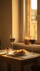 Thanksgiving table manner with turkey, day meme, funny meal setup, wine, sunlight, croissants