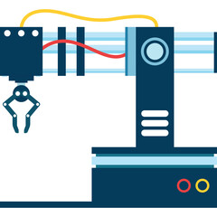 Blue robotic arm manipulator with yellow wire and red cable on white background industrial automation concept isolated object graphic design element for technology and engineering industries