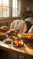 Thanksgiving table manner day meme, turkey funny A festive spread with pies, fruits and more