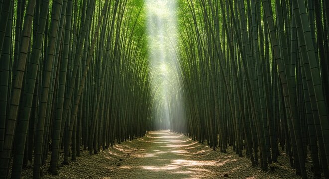 Lush Green Bamboo Forest Path with Sunlight Streaming Through Trees