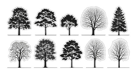 Fototapeta premium Tree Silhouette Collection – Black and White Vector Illustration of Different Tree Shapes for Landscape Design, Nature Art, and Architecture Elements