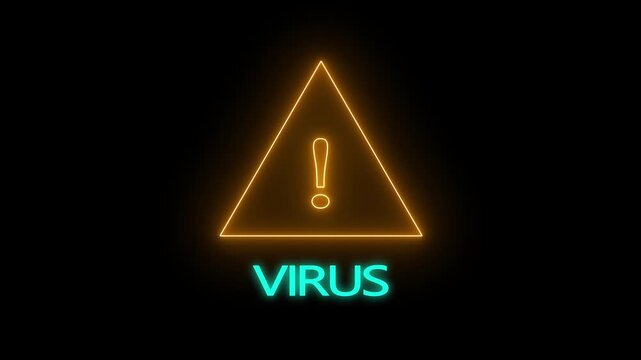 Exclamation mark warning symbol inside triangle frame with text virus on black background alert
