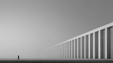 A minimalist colonnade fades into soft mist, creating a serene, mysterious, and elegant architectural scene emphasizing simplicity, depth, and atmospheric perspective.
