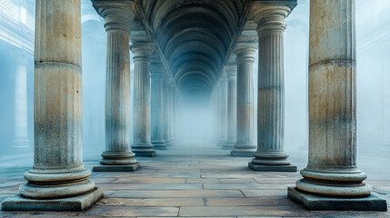 A minimalist colonnade fades into soft mist, creating a serene, mysterious, and elegant architectural scene emphasizing simplicity, depth, and atmospheric perspective.
