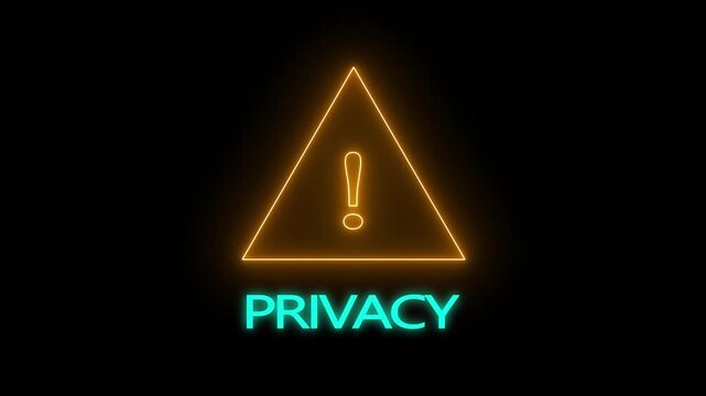 Exclamation mark warning symbol inside triangle frame with text privacy on black background alert