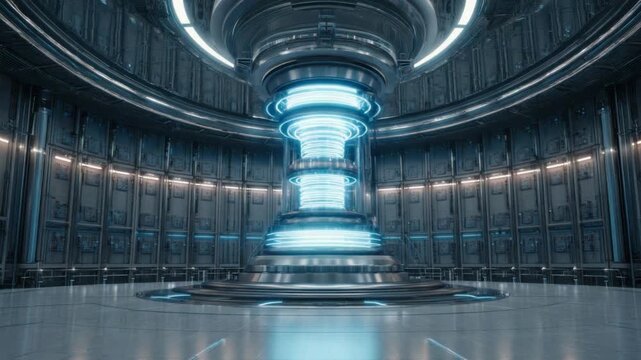 Futuristic Technological Nexus: A visually striking, contemporary interior showcases a glowing energy core at the heart of the space, an emblem of advanced technology and scientific discovery.