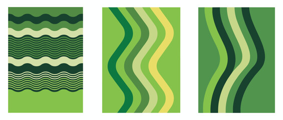Abstract vertical panels with wavy green and yellow lines and stripes wavy lines