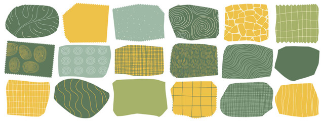 Assortment of abstract fabric swatches with organic patterns and textures Keywords: fabric swatches, textile samples, abstract patterns, organic