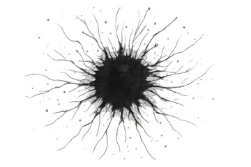 Bullet hole in a glass pane with cracks radiating outwards. Detail of impact damage and shattering on transparent background