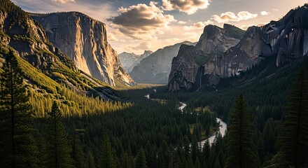 Majestic Mountain Valley with River and Green Forest Under Cloudy Sky