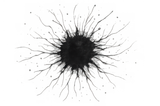 Bullet hole in a glass pane with cracks radiating outwards. Detail of impact damage and shattering on transparent background