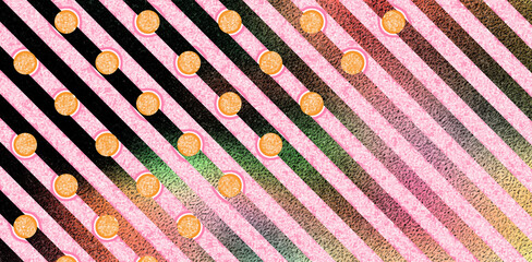 Retro Pop Art Pattern: Diagonal Pink and Black Stripes with Orange Polka Dots