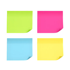 Four blank sticky notes with curled corners in vibrant colors, clean vector design, isolated on transparent background