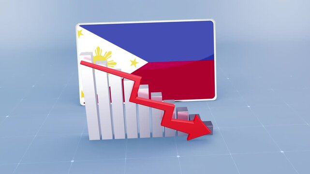 Philippines Flag and Bar Chart Graph Showing Decreasing Values a Red Arrow Economic Crisis Concept