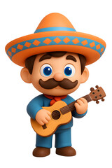 Stylized Mariachi musician character playing a small guitar, cute 3D render, isolated on transparent background