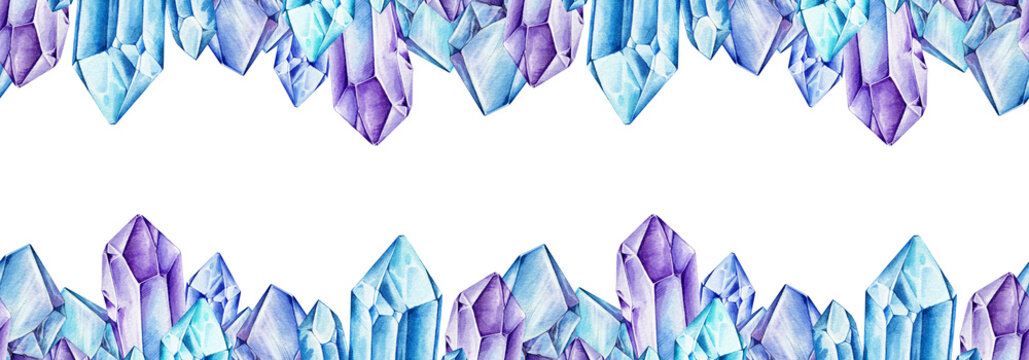 Crystal seamless border decor ornament element watercolor illustration. Hand drawn vibrant shiny blue and violet gemstone mineral decoration isolated on white background