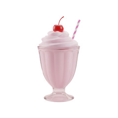 Pink strawberry milkshake with whipped cream and cherry, cute retro 3D render, isolated on transparent background