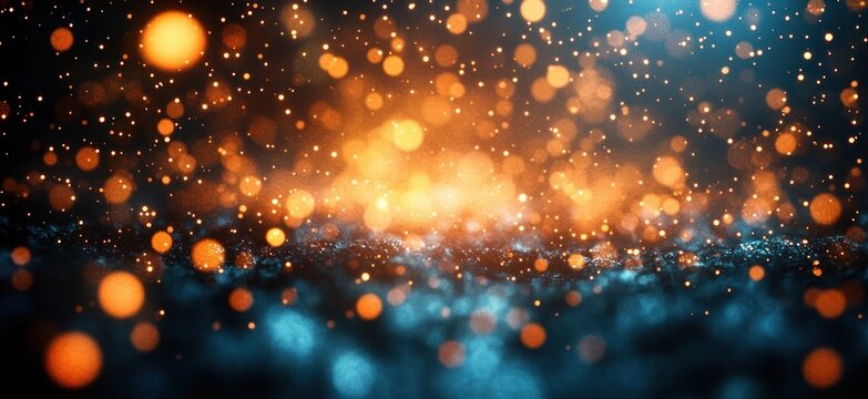 Abstract scene of glowing orange and blue bokeh lights creating a sparkling, dreamy atmosphere with scattered light orbs of various sizes