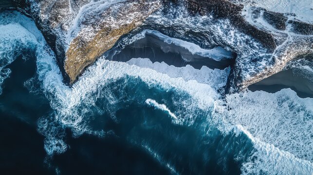 Aerial view of waves crashing against the rocky coast in winter landscape