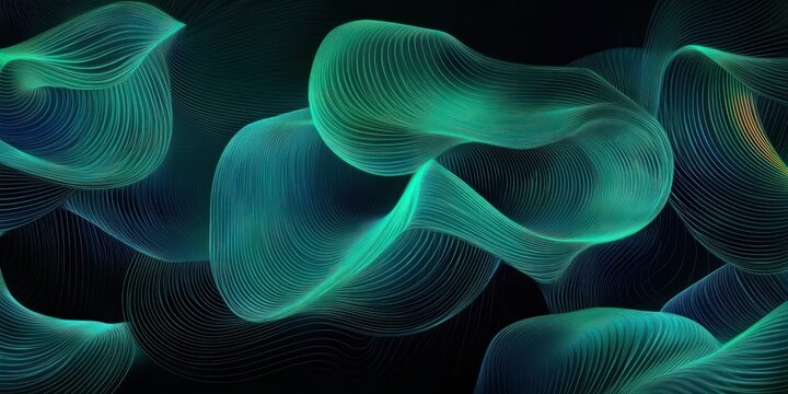 Abstract flowing neon green and blue waves with fine lines on a dark background evoking movement and fluidity