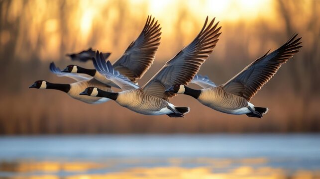 five canada geese flying closely in formation over a calm body of water at sunset with warm golden light and blurred natural background