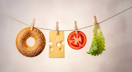 A minimalist and whimsical still life. A fresh bagel, a slice of Swiss cheese, a ripe tomato slice, and a crisp lettuce leaf are all neatly clipped with wooden clothespins to a rustic clothesline, sus