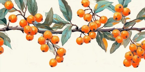 Close-up view of a branch with clusters of vibrant orange berries and elongated green leaves against a plain light background conveying natural beauty and calmness