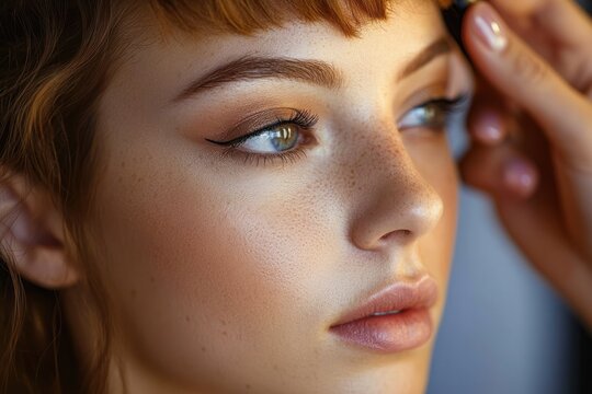 Close-up portrait of a young woman with clear skin, freckles, light green eyes, winged eyeliner, and soft pink lips, gazing thoughtfully to the side